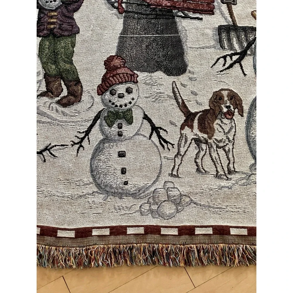 Vintage Winter Christmas Tapestry Blanket Throw Snow Victorian House Snowman Kid